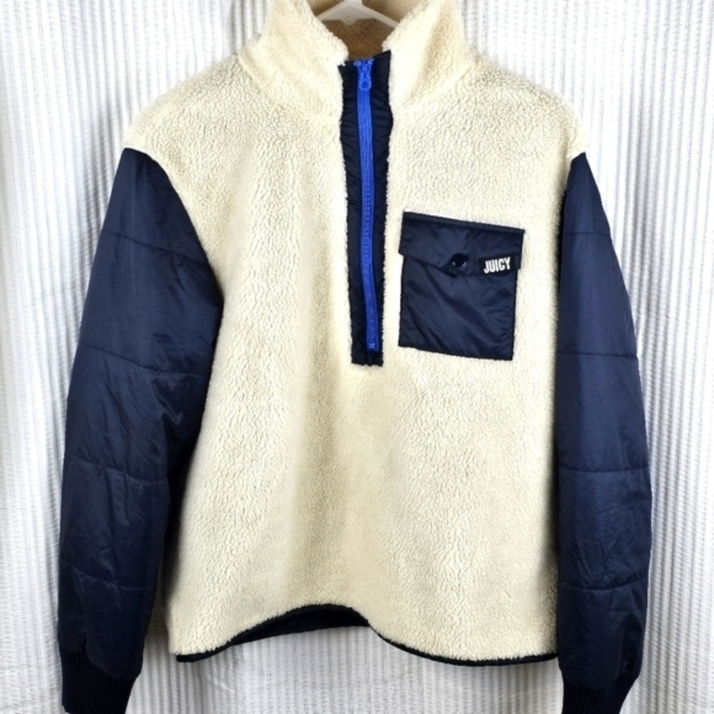 Juicy Couture‎ sherpa and nylon mixed pull over Small Beige Blue Quilted Sleeves